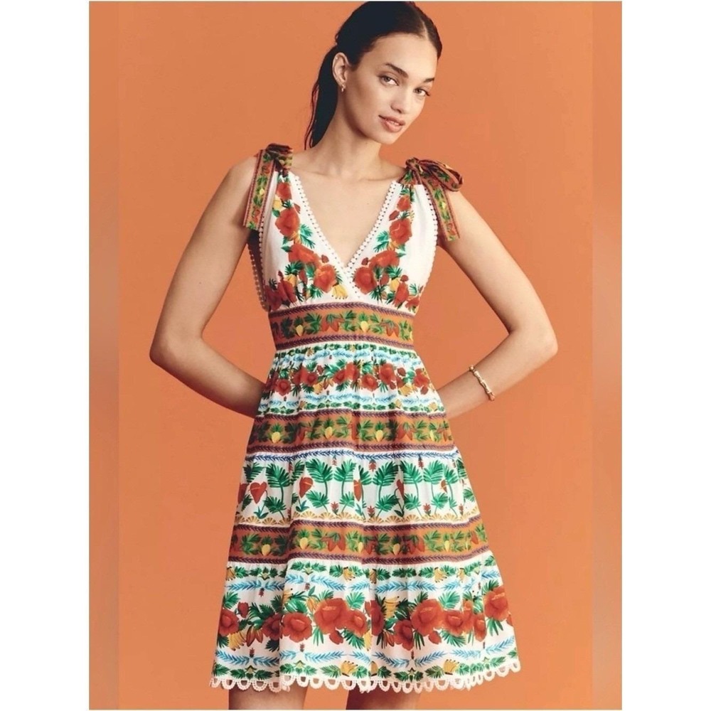 NWT Farm Rio X Anthropologie Tropical Floral Mini Dress XS Tie Shoulder Boho